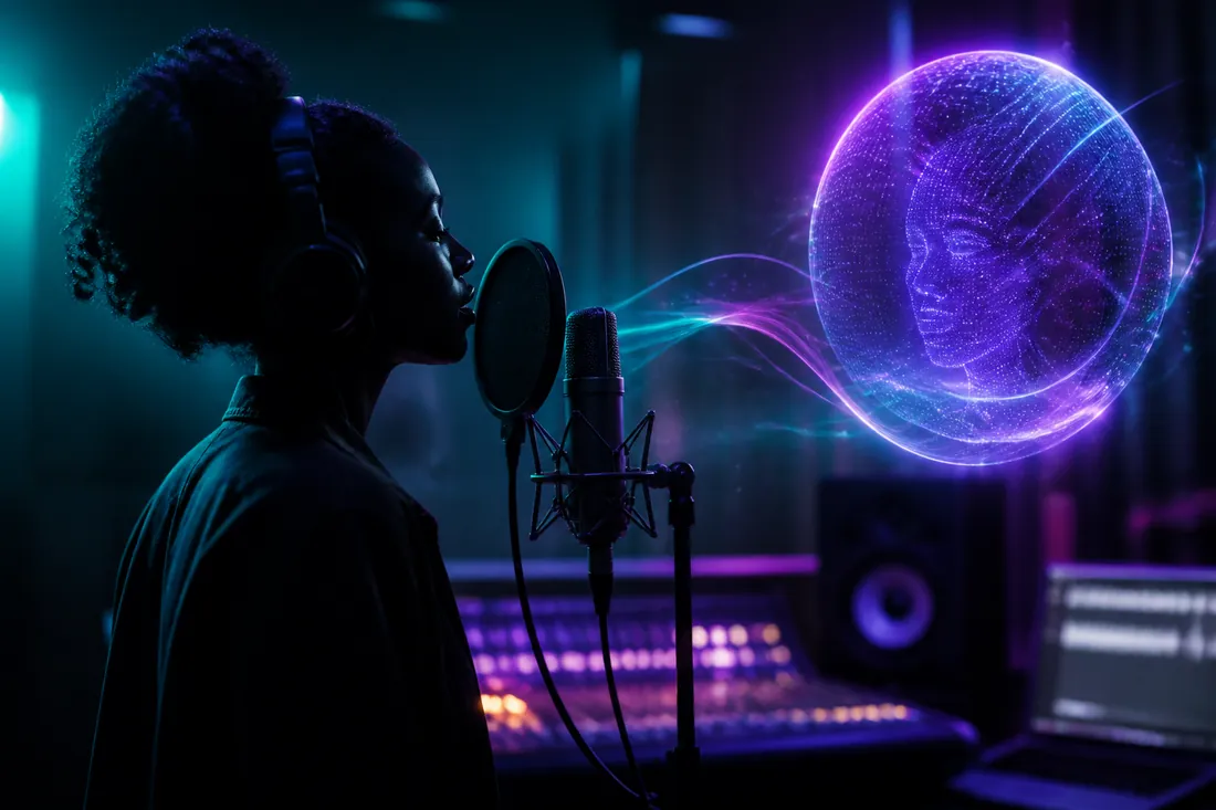 AI music generation paired with real human vocals in a neon studio